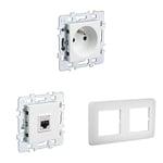 DEBFLEX, Lot de 3 produits pour installation communication double postes stop air multimat pour un séjour, Gamme Casual, blanc, comprend une prise support métal, prise rj45 et cache prise électrique