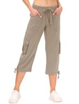 MoFiz Ladies Capri Trousers Casual Work Office Crop Capri Pants 3/4 Length Trousers Outdoor Hiking Trousers Multi-Pockets Khaki Size 3XL