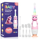 YUNCHI Brosse à dents électrique, pour enfants de 0 à 6 ans, en silicone, sonique, avec lumière LED, minuterie, 4 brossettes souples, YC-K3 (licorne rose)