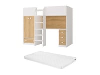 Lit mezzanine 90 x 190 cm avec armoire et bureau - Blanc et naturel + Matelas - CINAMO