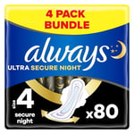 Always Ultra Sanitary Towels/Pads with Wings, Secure Night Size 4, Ultra Thin, 80 Towels (20 x 4 Packs), Super Saving Box, Odour Neutraliser, Super Absorbent Core