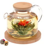 Teabloom Théière en verre avec couvercle en bambou (1200 ml), filtre à thé pour feuilles de thé en vrac, 2 fleurs de thé, grande soucoupe en bambou – Coffret cadeau avec thé à fleurs naturelles –