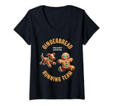 Womens Funny Gingerbread Man Running Team Christmas Xmas Dog V-Neck T-Shirt