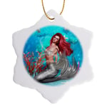 3dRose Magic Mermaid Sits on Seabed Silver Fish Swim Around Snowflake Ornament, Multi-Colour, 3-Inch