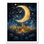 Golden City in the Clouds Surreal Artwork Blue Gold Crescent Moon Starry Night Fairytale Art Print Framed Poster Wall Decor 12x16 inch