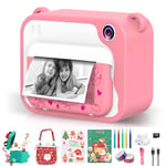 Ukuu Appareil Photo Instantané avec écran 2,4" 1080P - 3 Rouleaux de Papier à Imprimer et 5 Couleurs Stylo Pinceau Cadeau avec Carte Mémoire 32 Go – Rose