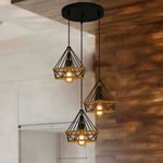 Axhup - Suspension Luminaire Industrielle 3 Lampes Plafonnier Lustre en Corde de Chanvre Cage Diamant