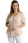 Ulla Popken Femme Grandes Tailles Blouse de Lin, Style Costume Bavarois, Encolure Ronde, Manches Courtes Beige 50+ 807262300-50+