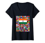 Womens Flags of the World, Flag Collage with Flag of India V-Neck T-Shirt