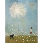 Artery8 Chasing the Giant Dandelion Dream Artwork Giant Wish Oil Painting Kids Bedroom Child and Pet Dog in Daisy Field Extra Large XL Wall Art Poster Print