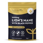 Nutravita Lions Mane Mushroom Extract Supplement 2000mg - 180 High Strength Vegan Capsules with Black Pepper - (Not Lionsmane Tablets or Powder) - Made in The UK