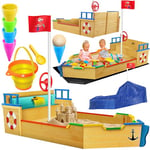 KIDIZ® Bac à Sable AHOI - Bateau Pirate - Bateau à Voile en Bois - avec Couvercle - Bâche de Sol, Banquette, mât de Drapeau - Grand bac à Sable pour Le Jardin - Boîte à Sable d'extérieur Multicolore