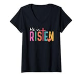 Womens Christian Faith God Jesus He Is Risen Easter V-Neck T-Shirt