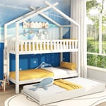 Lit cabane Lit d'enfant Lit d'adolescent, 90x200, trois lits, Extensible, Design peu encombrant, Blanc