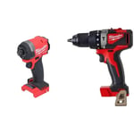 Milwaukee 2953-20 18V Lithium-Ion Brushless Cordless 1/4'' Hex Impact Driver (Bare Tool), Red & M18 BLPD2 18V Li-Ion M18 Heavy Duty Hammer Combi Drill - Body Only, Red