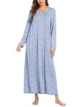 Ekouaer Chemise De Nuit Femme Manches Longues Imprimé Chemise De Nuit Hiver Robe De Nuit Vêtements De Nuit Longs Chemise De Sommeil Douce avec Boutons,Carthame Bleu,XL