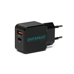 OVERMUST Chargeur Mural 25W - Chargeur 25W avec Prise USB-C PD et USB-A QC 3.0 pour Chargement iPhone 14, 13, 12 Pro Max, Samsung, Huawei, iPad, airpods Etc