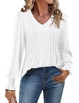 CHICZONE Women's Puff Long Sleeve Tops for Leggings Casual V Neck Pleated Shirts Fashion Blouses Dressy White