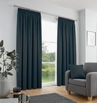 Fusion - Navy Blue Curtains W66 x L90 (168 x 229cm) - 100% Cotton - 2x Panels - Pencil Pleat Curtains in Dark Blue - Soundproof Curtain & Thermal Curtains for Bedroom - Navy Pleated Curtains & Drapes