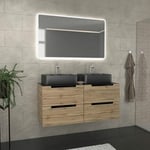 Aurlane - Meuble salle de bains 120cm Chêne et noir, Vasques rectangulaires et Miroir Led 120x70 - omega