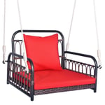 Costway Fauteuil Chaise Suspendu En Rotin Pe - 2 Cordes De Suspension, Crochets, Cadre En Métal, Coussins - Porche Jardin - Rouge