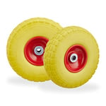 Relaxdays Roue de Diable Set de 2, Caoutchouc 260x85 mm, increvables, 16mm, 4.1/3.5-4 essieu, jusqu'à 150kg, Jaune-Rouge