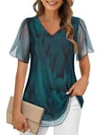 Akiooue Short Sleeve Tops for Woman, Fancy Work Office Ladies Summer Tops V Neck Loose Tunic to Wear with Leggings Peacock Blue X-Large