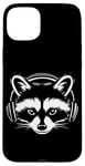 iPhone 15 Plus Black and White Gamer Raccoon with Headphones Case