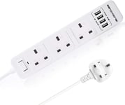 iBlockCube® Extension Lead Surge Protected Power Strips Outlets w/ 4 USB Ports, 2 Meters (6.5FT) 3 Way Cable Fuse Protector & Shutter USB Plug Socket 3 Gang Multiple Charging Station Cord UK White