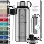 Gourde Inox Isotherme ACTIVE FLASK 1l/500ml sans BPA + Paille (3 Bouchons) | Bouteille d’eau Acier Inoxydable Isolée, Thermos Réutilisable | Camping Velo Sport Running Randonnée Enfant, Café The