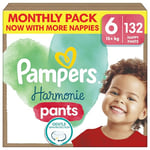 Pampers Harmonie Nappy Pants Size 6, 132 Nappies, 15kg+, Monthly Pack, Gentle Skin Protection 360° Comfort Fit