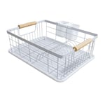 Amig - Graz Dish Rack | 42 x 31.5 x 15 cm | Steel with Wooden Handle | Colour White | Dish Rack with Drip Tray and Cutlery Holder | Capacity for 10 Plates and 6 Glasses