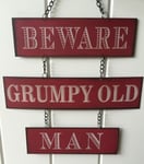 VINTAGE RETRO HANGING METAL CHAIN PLAQUE FUN SIGN 'BEWARE GRUMPY OLD MEN'