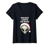 Womens Holiday Lights Or UFOs Grey Alien Head Santa Hat UAP V-Neck T-Shirt