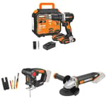 WORX - PACK ESSENTIEL BRICO - Perceuse visseuse Brushless + Scie sauteuse + meuleuse sans fil 20V (WX102 + WX550.9 + WX803.9)