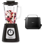 Moulinex Blender mixeur électrique, Bol verre 1,75 L, Puissance 800 W, Verrouillage sûr, Ergonomique, Broyeur à grains & Philips Grille-pain - 2 Fentes, 8 Réglages, Réchauffe-Viennoiseries