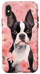 Coque pour iPhone X/XS Boston Terrier et fleurs de cerisier roses en rose