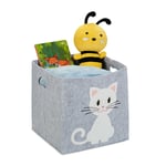 Relaxdays - Panier de rangement en feutre, motif chat, caisse tissu pour enfant, HxLxP : 33x34x32 cm, coffre jouets, gris