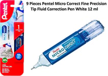 9 Pieces Pentel Micro Correct Fine Precision Tip Fluid Correction Pen White 12ml