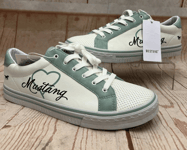 MUSTANG Ladies White With Green Trim  Faux Leather Trainers Size UK 8 EU 42