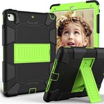 Tablet Case for iPad 5/6 Generation/Air 2/Pro 9.7 Dual Colour Silicone Protective Case with Holder Three in One Multi-Layer Protection, Black + Yellow Green