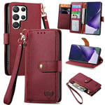 SATURCASE Coque pour Samsung Galaxy S22 Ultra, Heart PU Cuir Flip Portefeuille Poche Double Boucle Magnétique Fermeture éclair Support Porte-carte Cordon Protecteur Housse Étui pour Samsung Galaxy S22 Ultra (AX-Rouge)