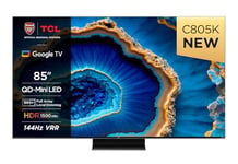 TCL 85C805K 85-inch QLED Mini LED, Full Array 4K HDR Premium 1300nits, Smart Gaming TV Powered by Google (Freesyncy Premium Pro, 144Hz Motion Clarity Pro, Dolby Vision IQ & Atmos, Onkyo sound)