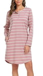 Lovasy Chemise de Nuit Femme Rayé Manches Longues Pyjama en Coton Chemise de Nuit Boutonnée Devant Nuisette Femme Longue A Rose XXL