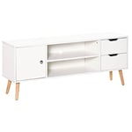 HOMCOM Meuble TV Banc TV Style scandinave Placard 2 niches 2 tiroirs Passe-Fils Panneaux Particules Blanc Bois pin