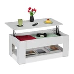 Relaxdays Table Basse Rabattable (H x l x P) : 42 x 98 x 50 cm, Table de Salon avec Espace de Rangement, étagère supplémentaire, Moderne, Blanche