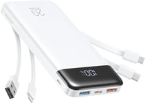 Power Bank 20000mah, Chargeur Portable À Chargement Rapide Avec Câbles Intégrés, 5 Sorties Et 4 Entrées Pour Iphone 14 13 12 11 Samsung S21 S22(Blanc)