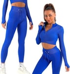 K-MART Gym sets for women 2 piece zip up jacket Workout outfits, Cropped Top, Long Sleeve, Leggings Set for Running, Yoga, Gym, Sports Activity (Blue, XL)