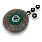 Brosse circulaire inox ø 125 mm Epaisseur 3 rangs Fil dur 0.30 mm ondulé Alésage 16 mm Touret meuleuse affûteuse ponceuse Brossage décapage polissage