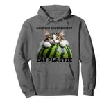 Save The Environment Eat Plastic Funny Microplastics Cat Pullover Hoodie